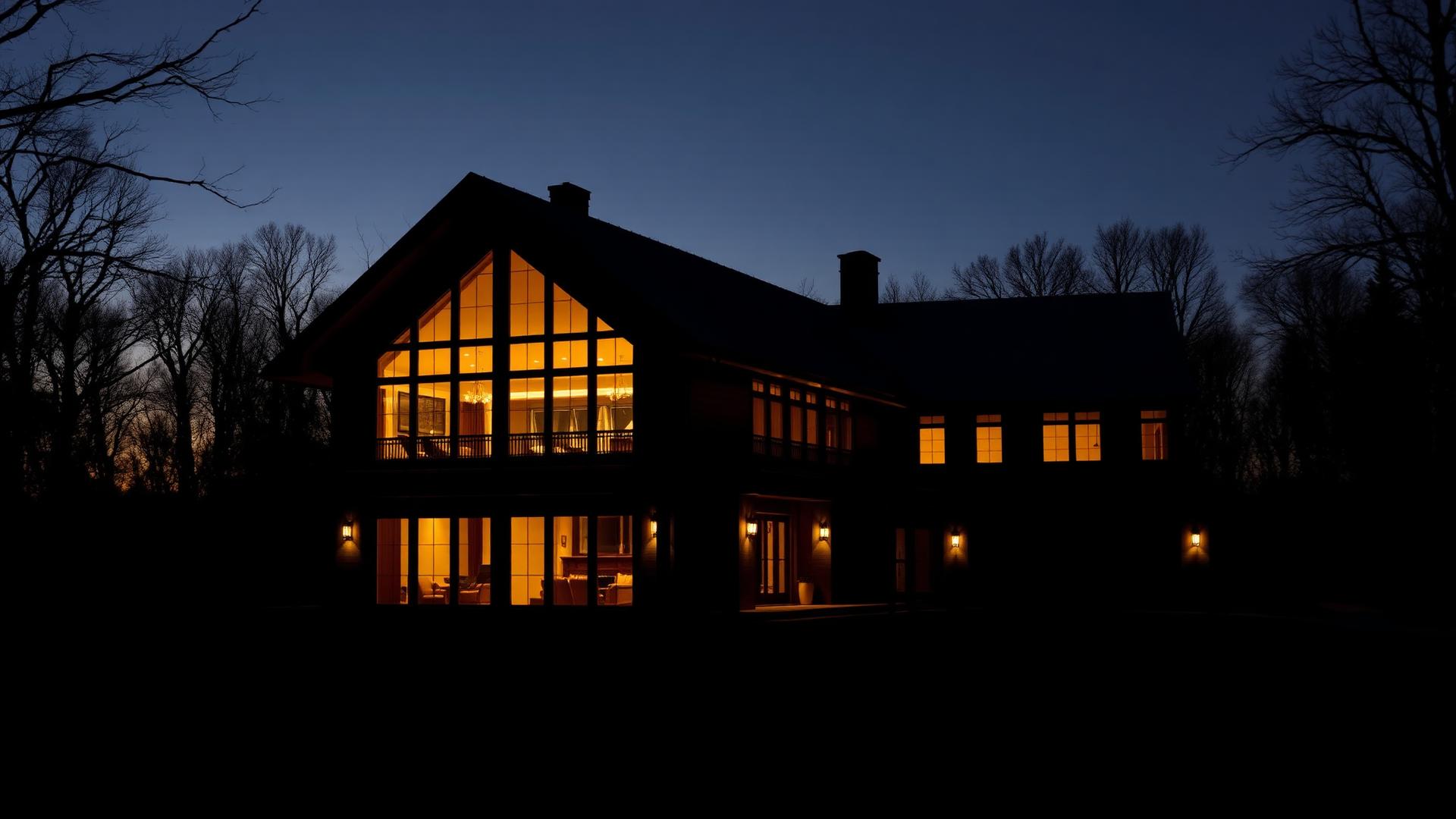 Farm House ao anoitecer com luzes acesas
