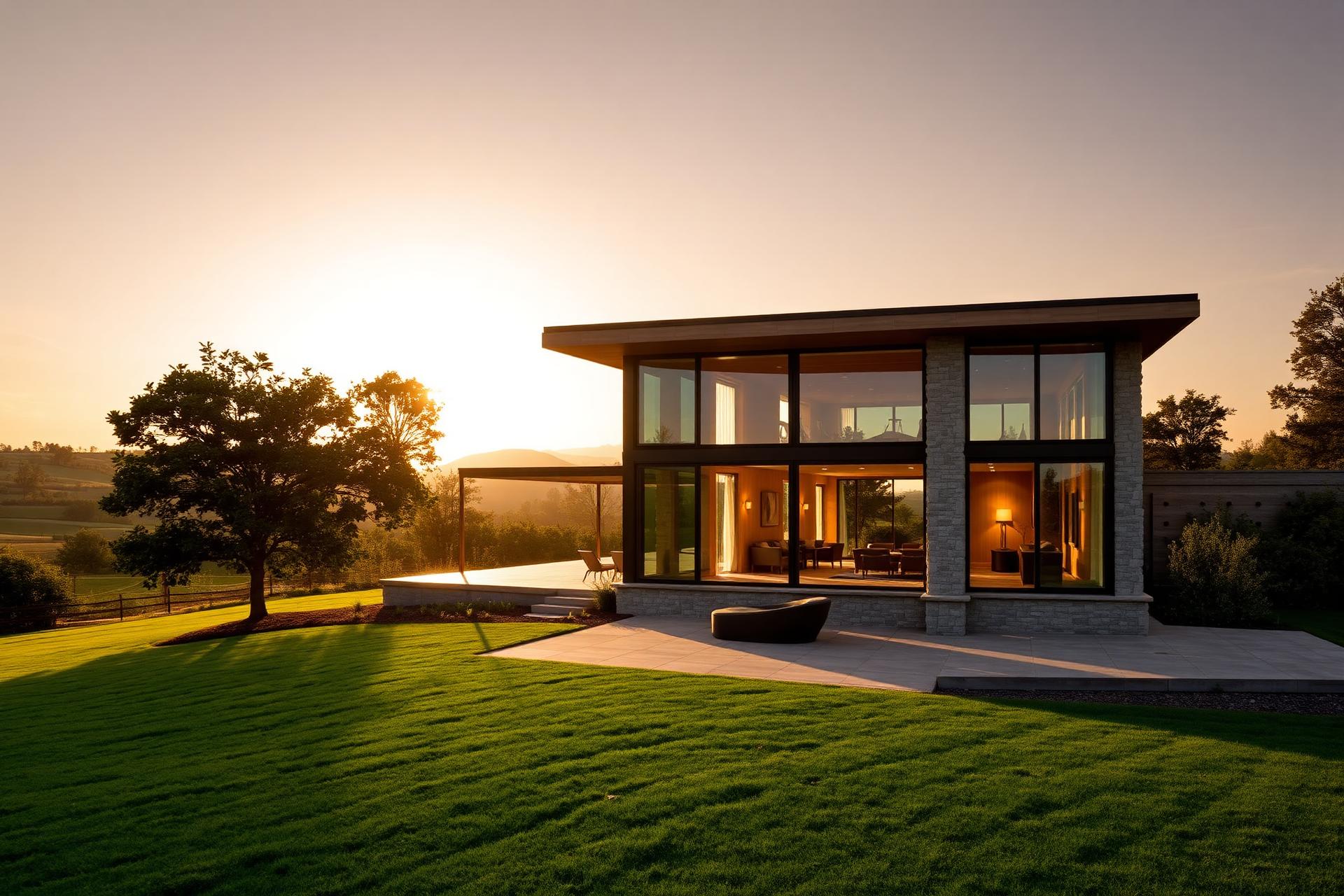 Farm House contemporânea integrada à natureza ao pôr do sol